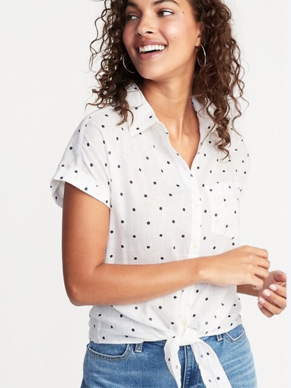 Old Navy Linen Blend Tie Front Polka Dot CottageCore Spring Blouse Size XXL